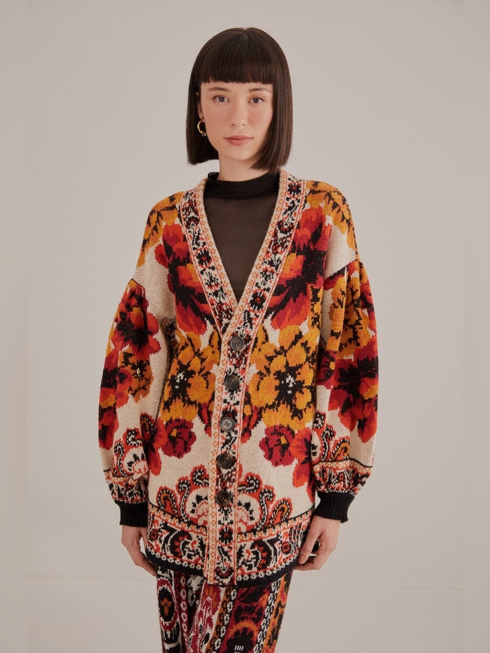FARM RIO Sand Winter Tapestry Knit Cardigan Belted Sweater Cream Red Floral - Picture 12 of 15
